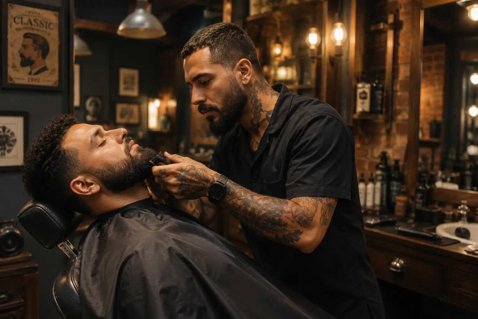 Barbeiro brasileiro atendendo cliente em barbearia clássica