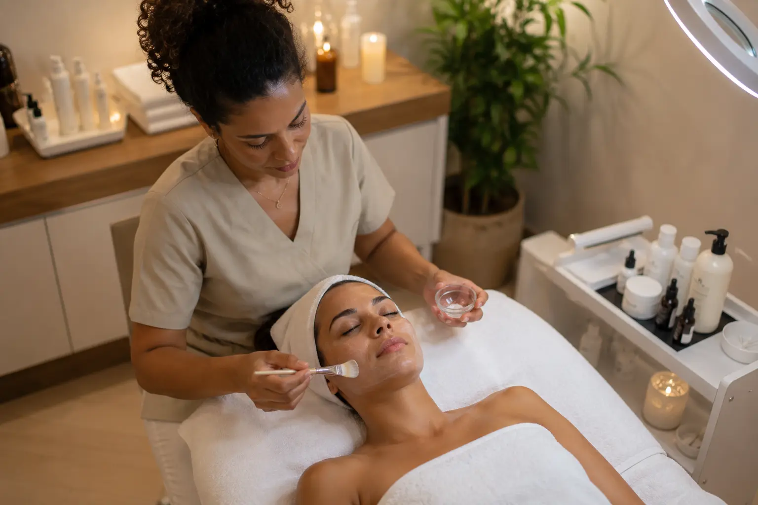 Esteticista brasileira aplicando produto facial em cliente em maca