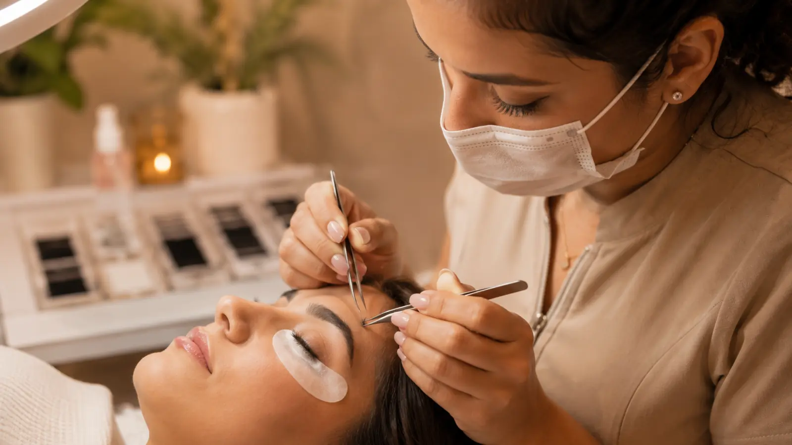 Lash designer brasileira aplicando extensão de cílios em cliente
