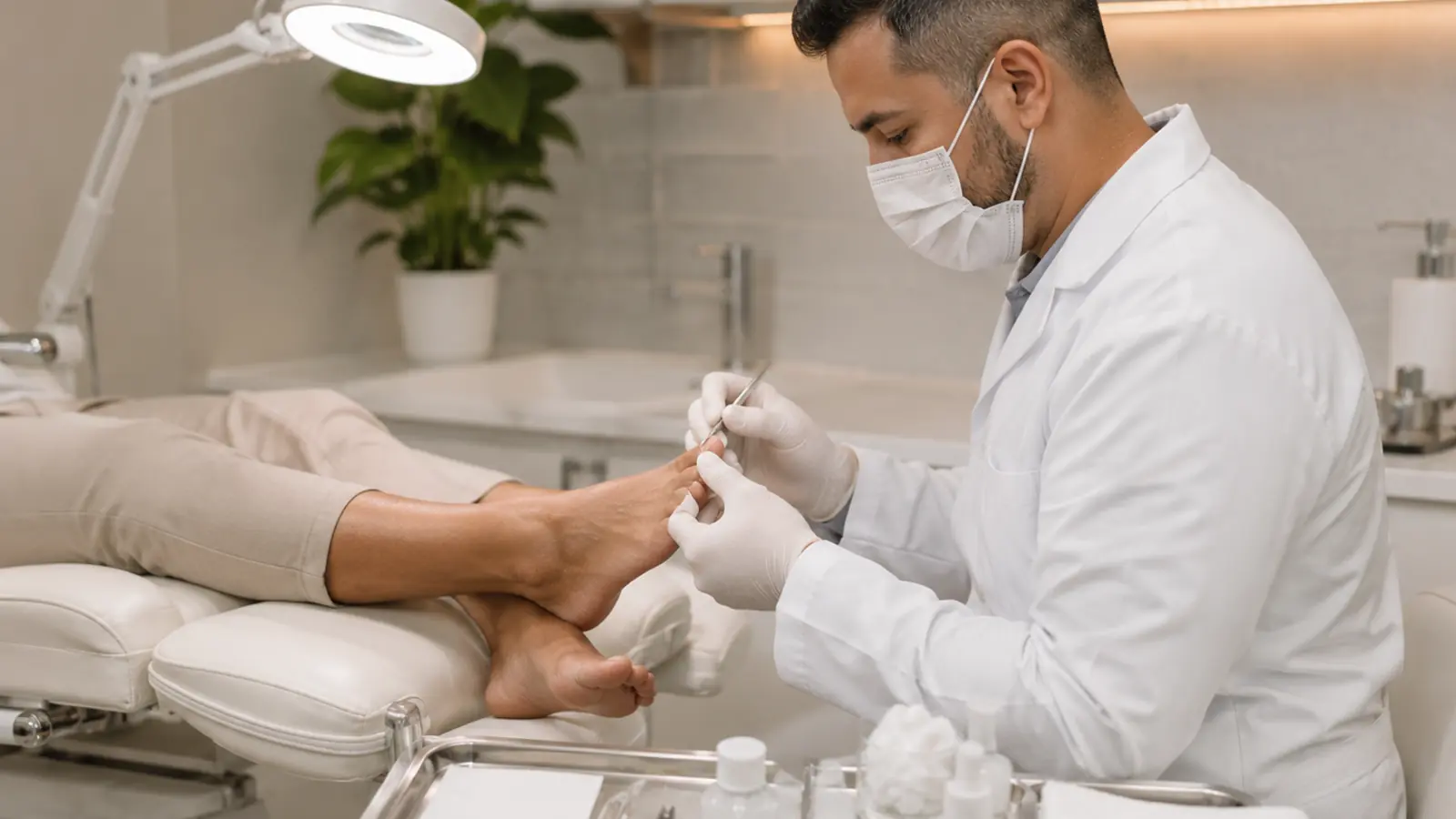 Podólogo brasileiro atendendo paciente em consultório de podologia