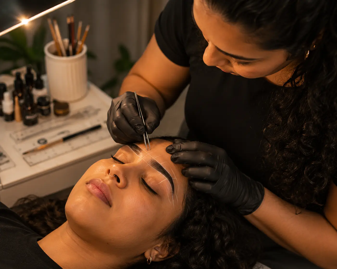 Designer de sobrancelhas trabalhando com cliente em maca de estética