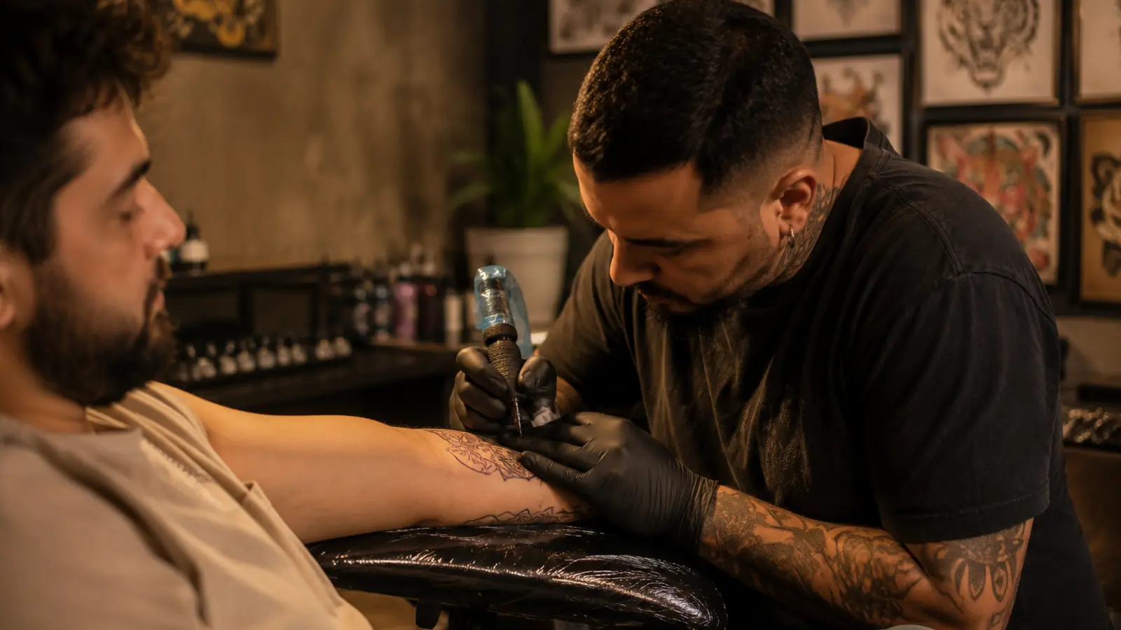 Tatuador brasileiro tatuando cliente em estúdio profissional