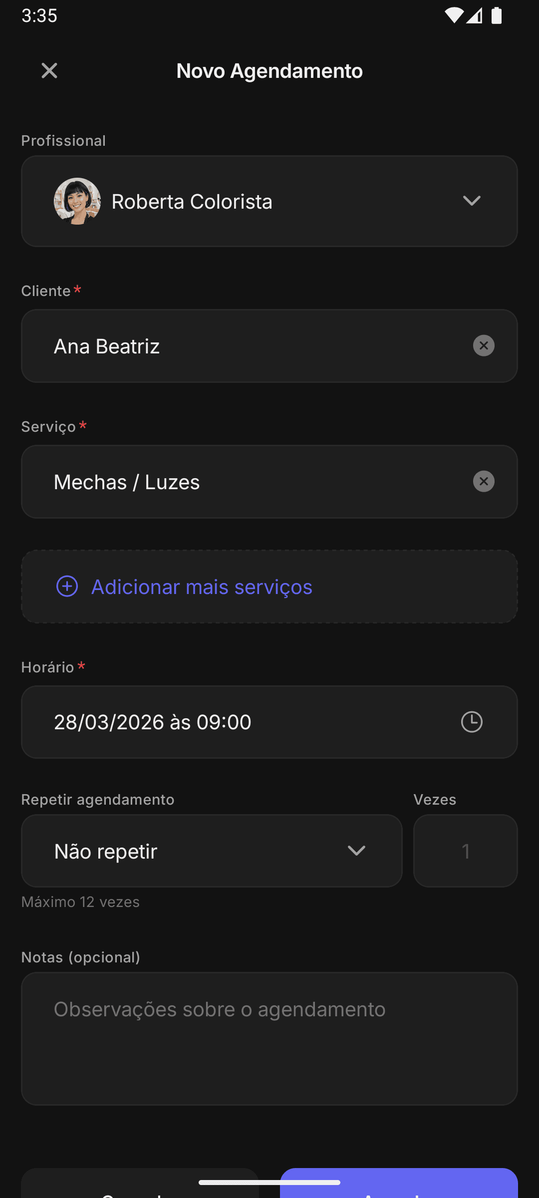 Novo agendamento no Dexta